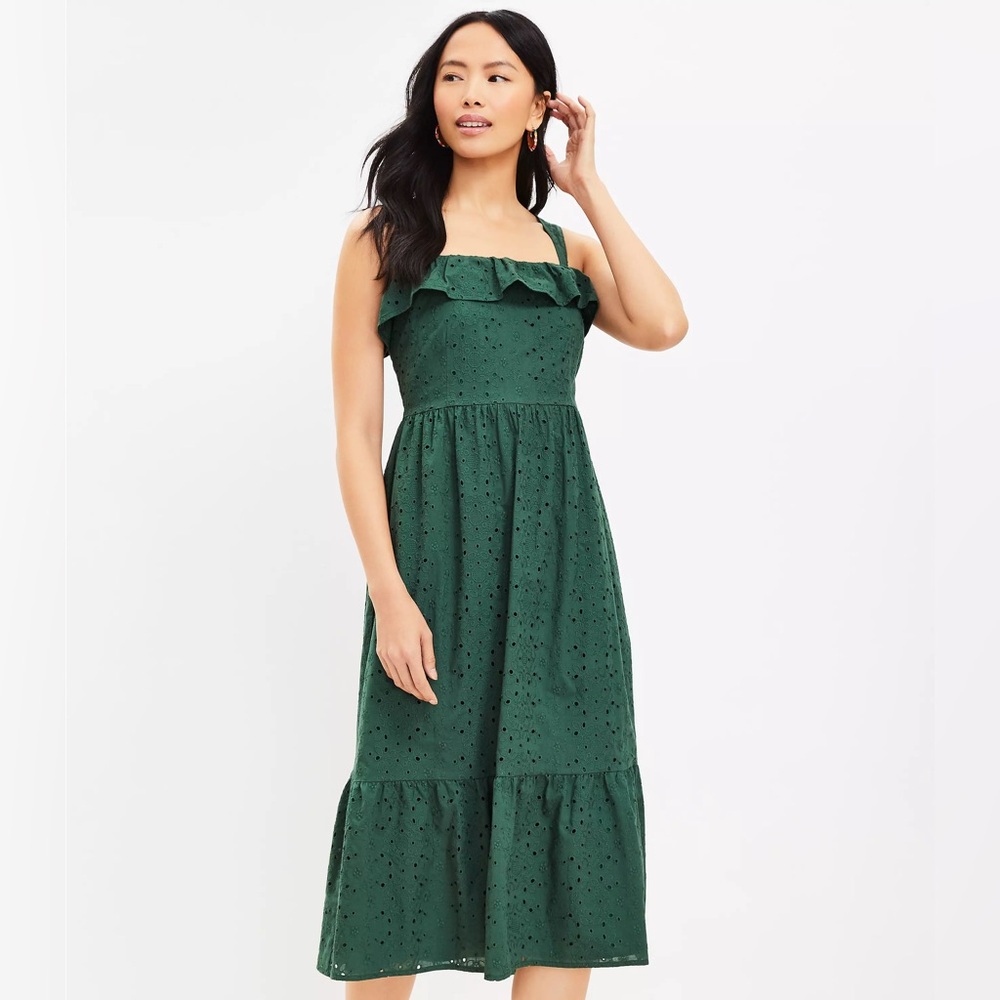 NWOT LOFT green eyelet  ruffle square neck‎ midi dress 100% cotton